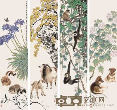 方楚雄 2005年作 花卉动物 四屏 139×34cm×4